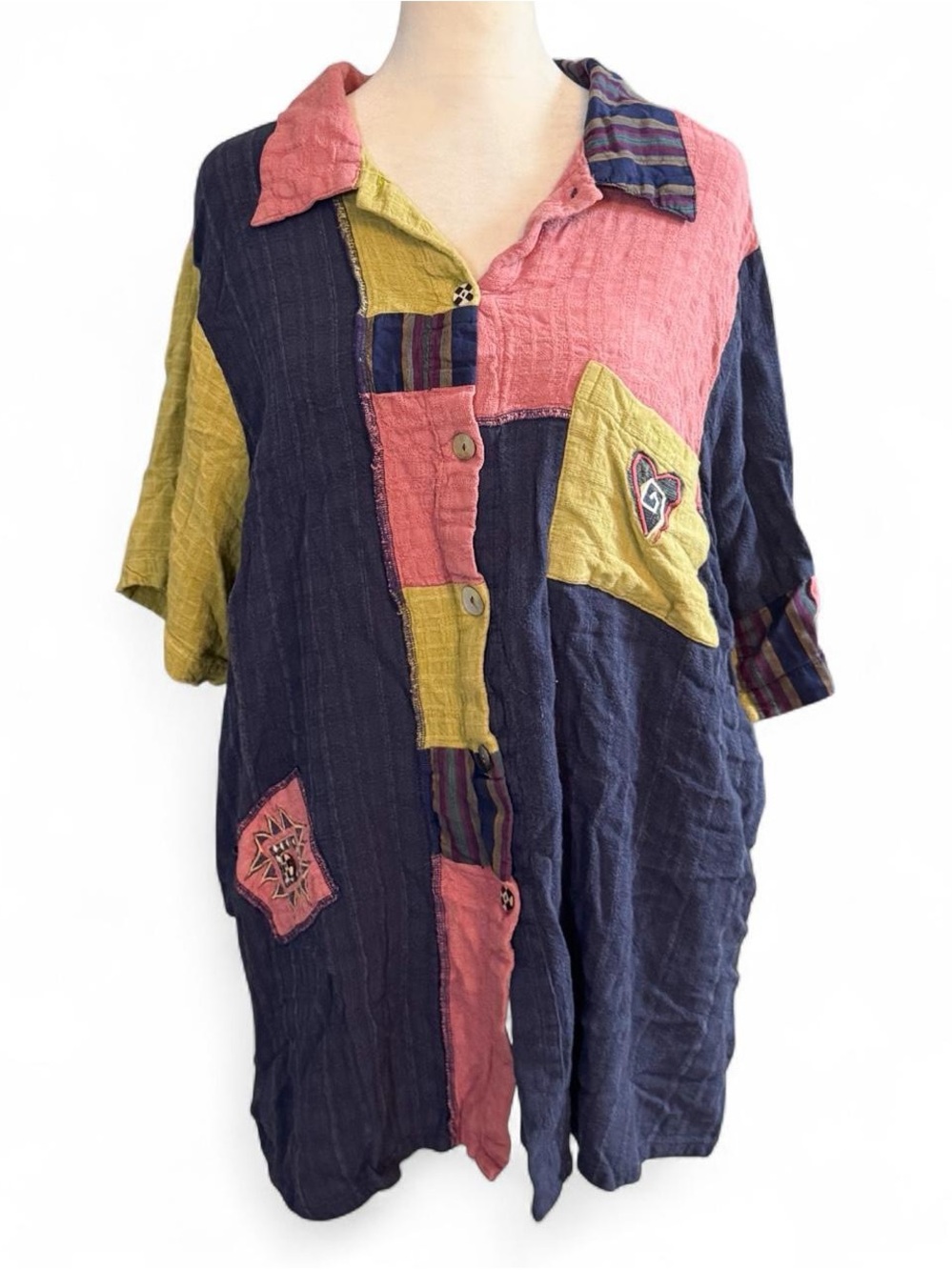 Vintage Surya II Colorblock Patchwork Button-Down Top – Plus Size 2X